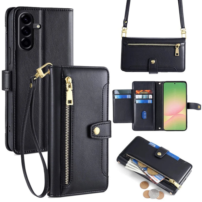 For Samsung Galaxy A56 5G Case Zipper Pocket Wallet Leather Phone Cover with 2 Straps - Black - 1