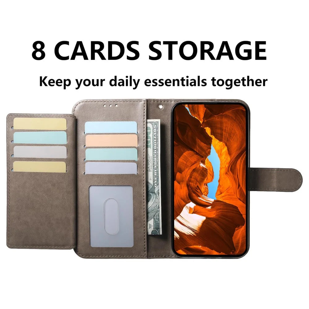 For Google Pixel 9a Wallet Phone Case with 8 Card Slot Stand PU Leather Folio Flip Cover - Grey - 4