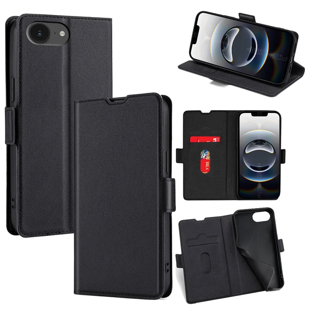For iPhone 17e / 16e Case Card Holder PU Leather Phone Cover - Black - 1