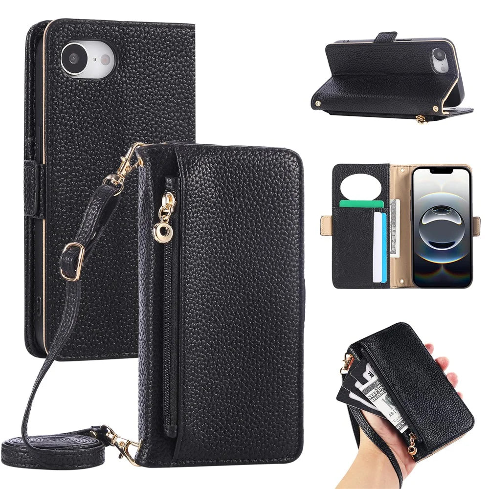 For iPhone 17e / 16e Wallet Phone Case Shockproof TPU+PU Leather Flip Cover with Mirror, Strap - Black - 1