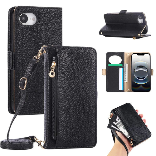 For iPhone 17e / 16e Wallet Phone Case Shockproof TPU+PU Leather Flip Cover with Mirror, Strap - Black - 1