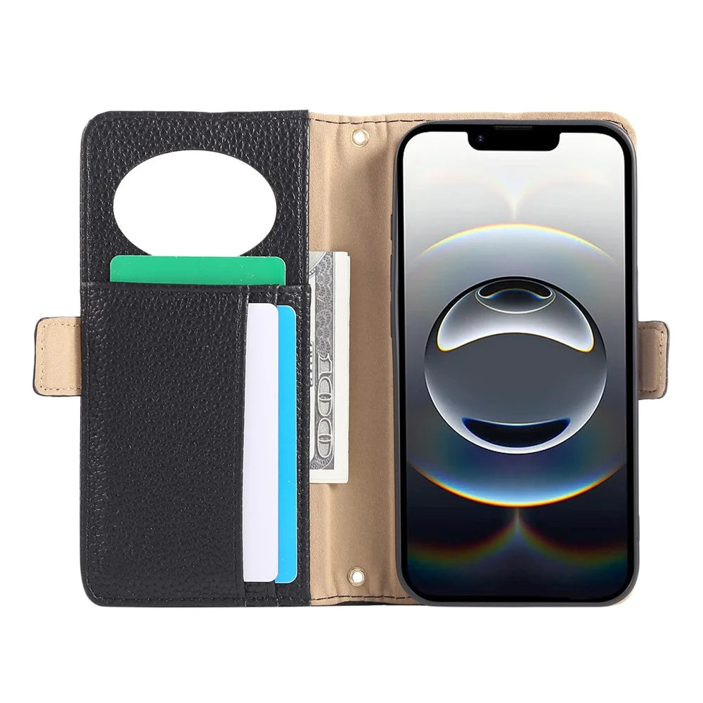 For iPhone 17e / 16e Wallet Phone Case Shockproof TPU+PU Leather Flip Cover with Mirror, Strap - Black - 2