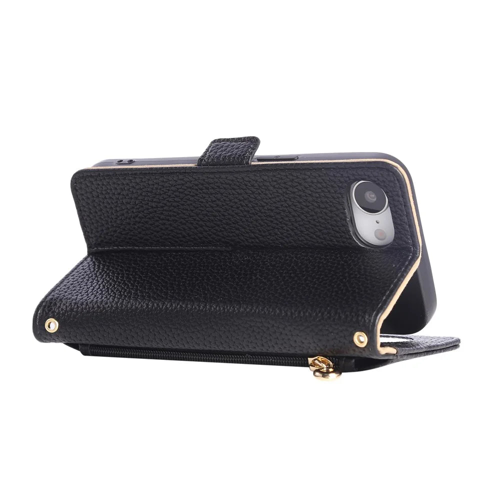 For iPhone 17e / 16e Wallet Phone Case Shockproof TPU+PU Leather Flip Cover with Mirror, Strap - Black - 3