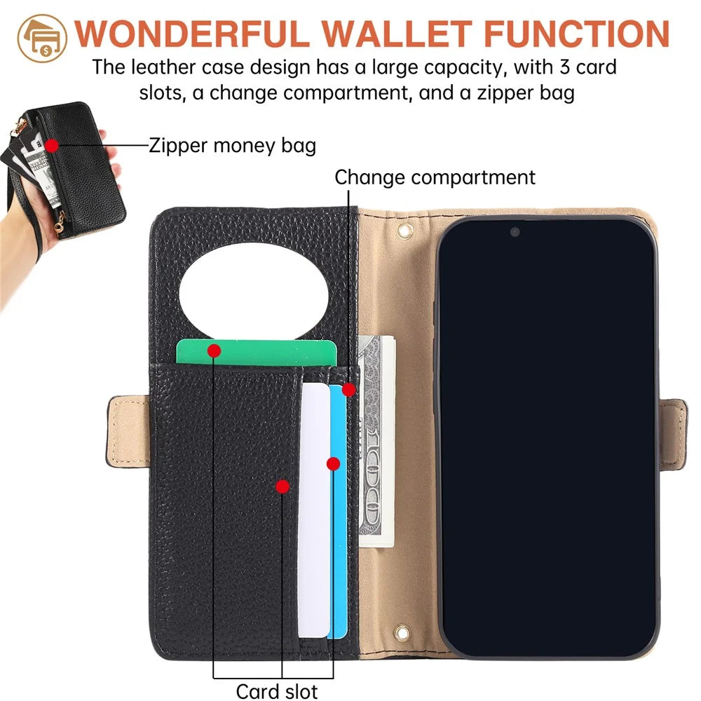 For iPhone 17e / 16e Wallet Phone Case Shockproof TPU+PU Leather Flip Cover with Mirror, Strap - Black - 4