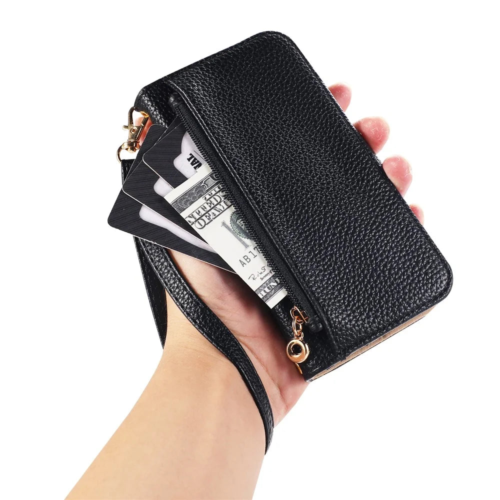 For iPhone 17e / 16e Wallet Phone Case Shockproof TPU+PU Leather Flip Cover with Mirror, Strap - Black - 5