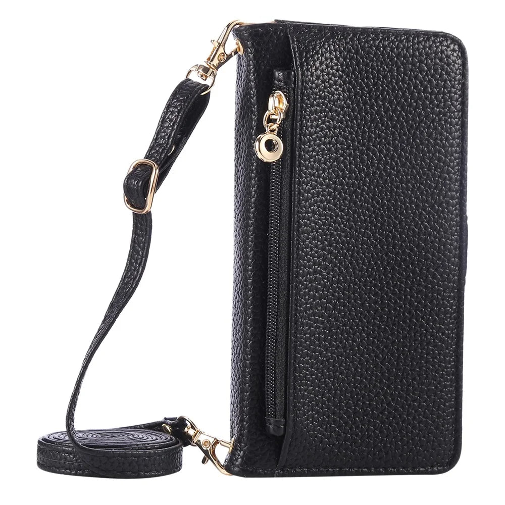 For iPhone 17e / 16e Wallet Phone Case Shockproof TPU+PU Leather Flip Cover with Mirror, Strap - Black - 6