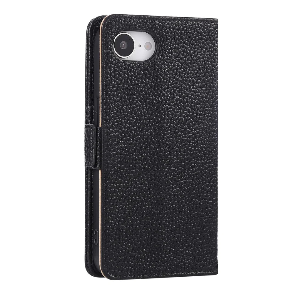 For iPhone 17e / 16e Wallet Phone Case Shockproof TPU+PU Leather Flip Cover with Mirror, Strap - Black - 7