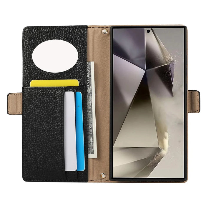 For Samsung Galaxy S25 Ultra Wallet Phone Case Shockproof TPU+PU Leather Flip Cover with Mirror, Strap - Black - 2