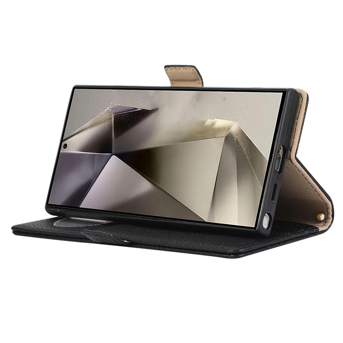 For Samsung Galaxy S25 Ultra Wallet Phone Case Shockproof TPU+PU Leather Flip Cover with Mirror, Strap - Black - 3