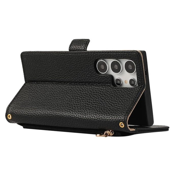 For Samsung Galaxy S25 Ultra Wallet Phone Case Shockproof TPU+PU Leather Flip Cover with Mirror, Strap - Black - 4
