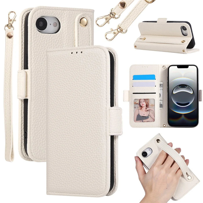 For iPhone 17e / 16e Wallet Case RFID Blocking Litchi Texture Flip Leather Cover with Wrist Strap and Crossbody Strap - Beige - 1