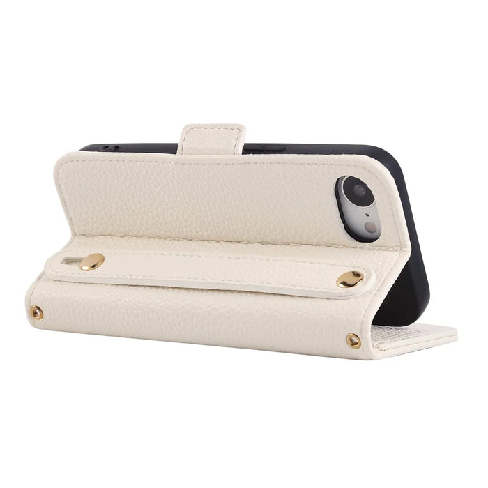 For iPhone 17e / 16e Wallet Case RFID Blocking Litchi Texture Flip Leather Cover with Wrist Strap and Crossbody Strap - Beige - 3