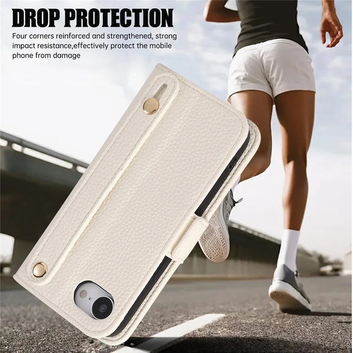 For iPhone 17e / 16e Wallet Case RFID Blocking Litchi Texture Flip Leather Cover with Wrist Strap and Crossbody Strap - Beige - 5
