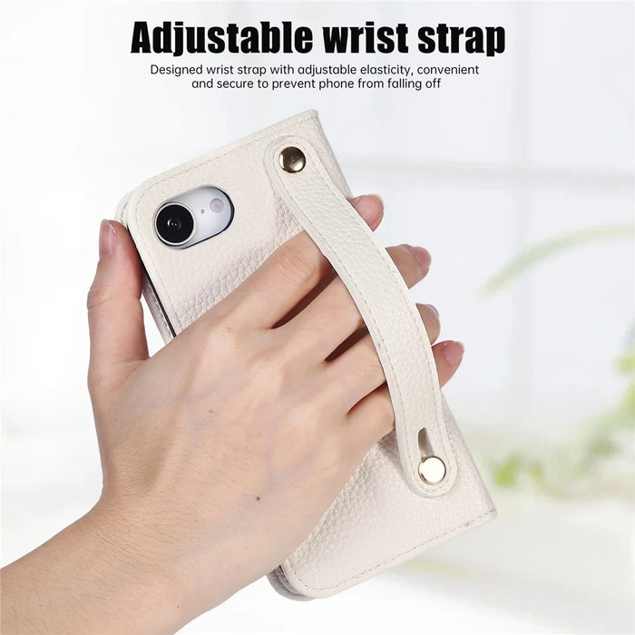 For iPhone 17e / 16e Wallet Case RFID Blocking Litchi Texture Flip Leather Cover with Wrist Strap and Crossbody Strap - Beige - 7