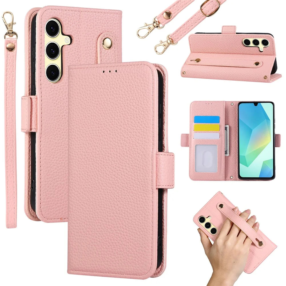 For Samsung Galaxy A16 5G / A16 4G Leather Case RFID Blocking Shockproof Wallet Phone Cover with Straps - Pink - 1