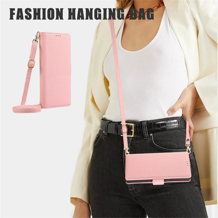 For Samsung Galaxy A16 5G / A16 4G Leather Case RFID Blocking Shockproof Wallet Phone Cover with Straps - Pink - 5
