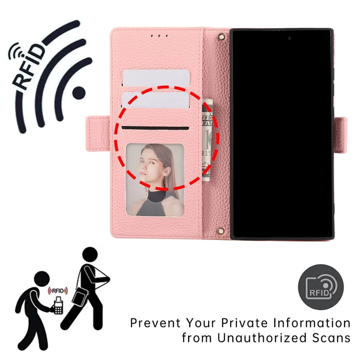 For Samsung Galaxy A16 5G / A16 4G Leather Case RFID Blocking Shockproof Wallet Phone Cover with Straps - Pink - 7