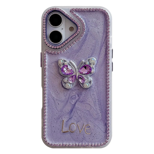 For iPhone 16 Case Rhinestone Decor Butterfly Design TPU + PC Phone Back Cover - Purple - 1