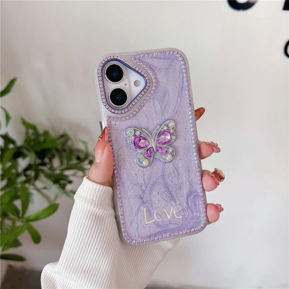 For iPhone 16 Case Rhinestone Decor Butterfly Design TPU + PC Phone Back Cover - Purple - 2