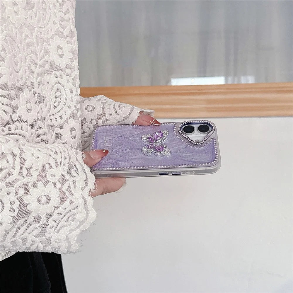 For iPhone 16 Case Rhinestone Decor Butterfly Design TPU + PC Phone Back Cover - Purple - 3