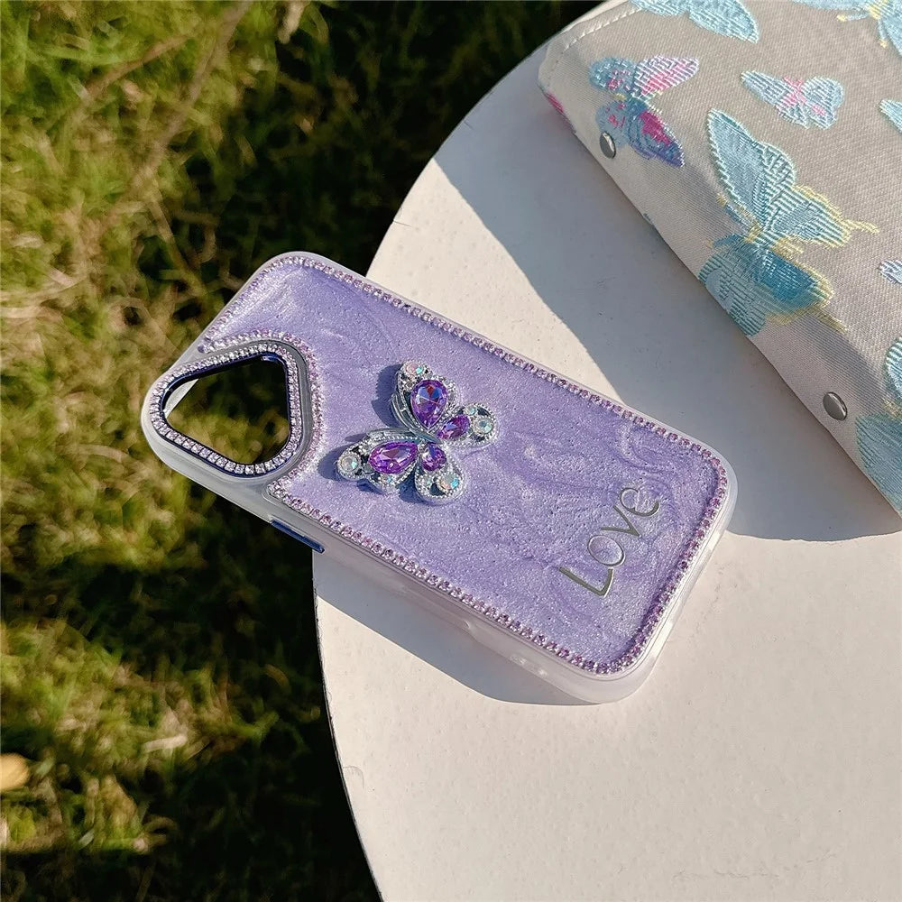 For iPhone 16 Case Rhinestone Decor Butterfly Design TPU + PC Phone Back Cover - Purple - 4