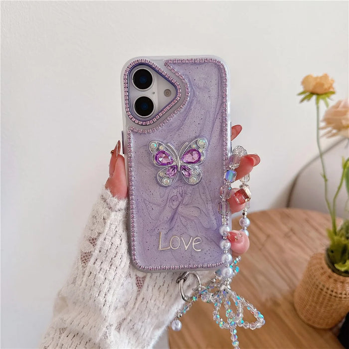 For iPhone 16 Case with Strap Rhinestone Decor Butterfly Design TPU + PC Phone Back Cover - Purple - 1