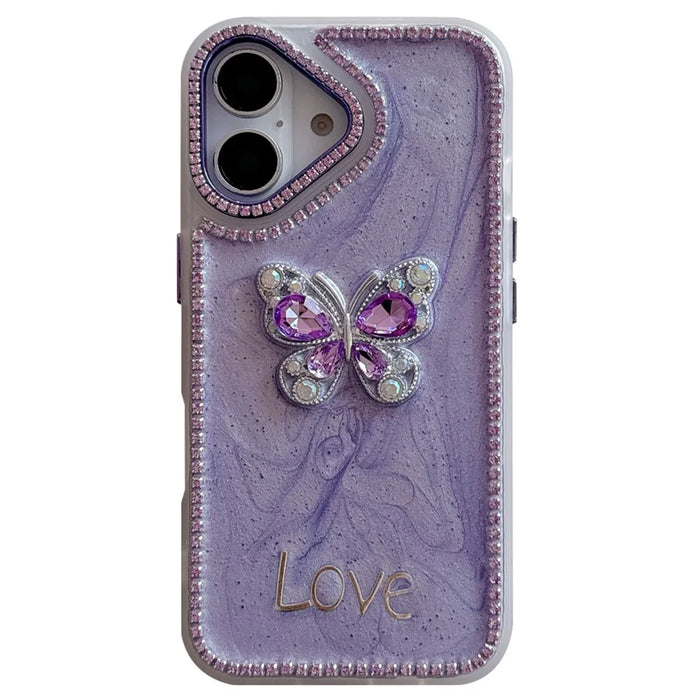 For iPhone 16 Case with Strap Rhinestone Decor Butterfly Design TPU + PC Phone Back Cover - Purple - 2