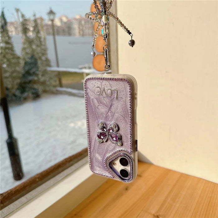 For iPhone 16 Case with Strap Rhinestone Decor Butterfly Design TPU + PC Phone Back Cover - Purple - 3