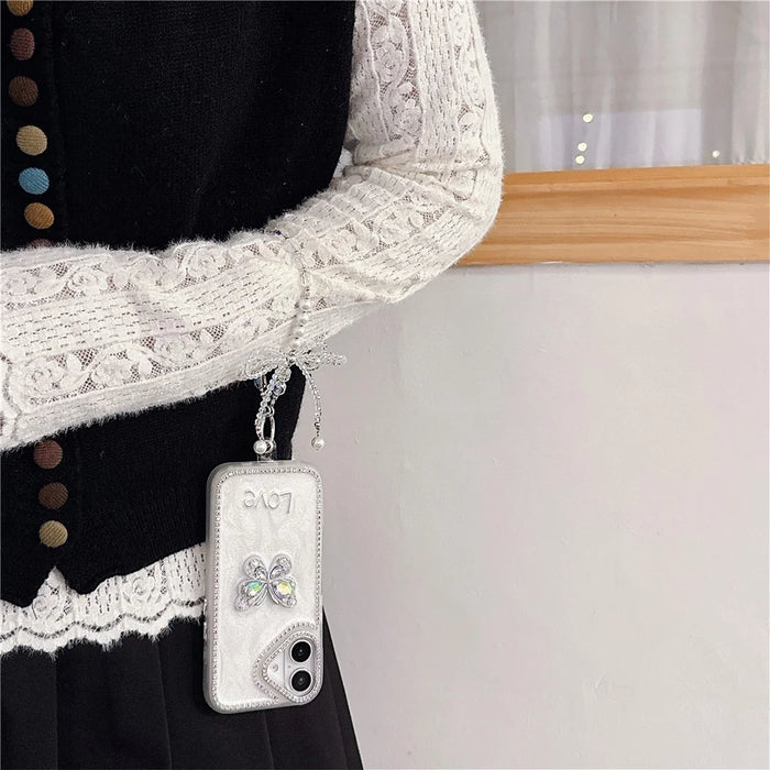 For iPhone 16 Case with Strap Rhinestone Decor Butterfly Design TPU + PC Phone Back Cover - Purple - 5