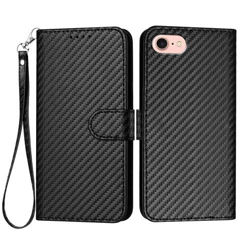 For iPhone 17e / 16e Wallet Case with Strap Carbon Fiber Texture Leather Mobile Cover - Black - 1