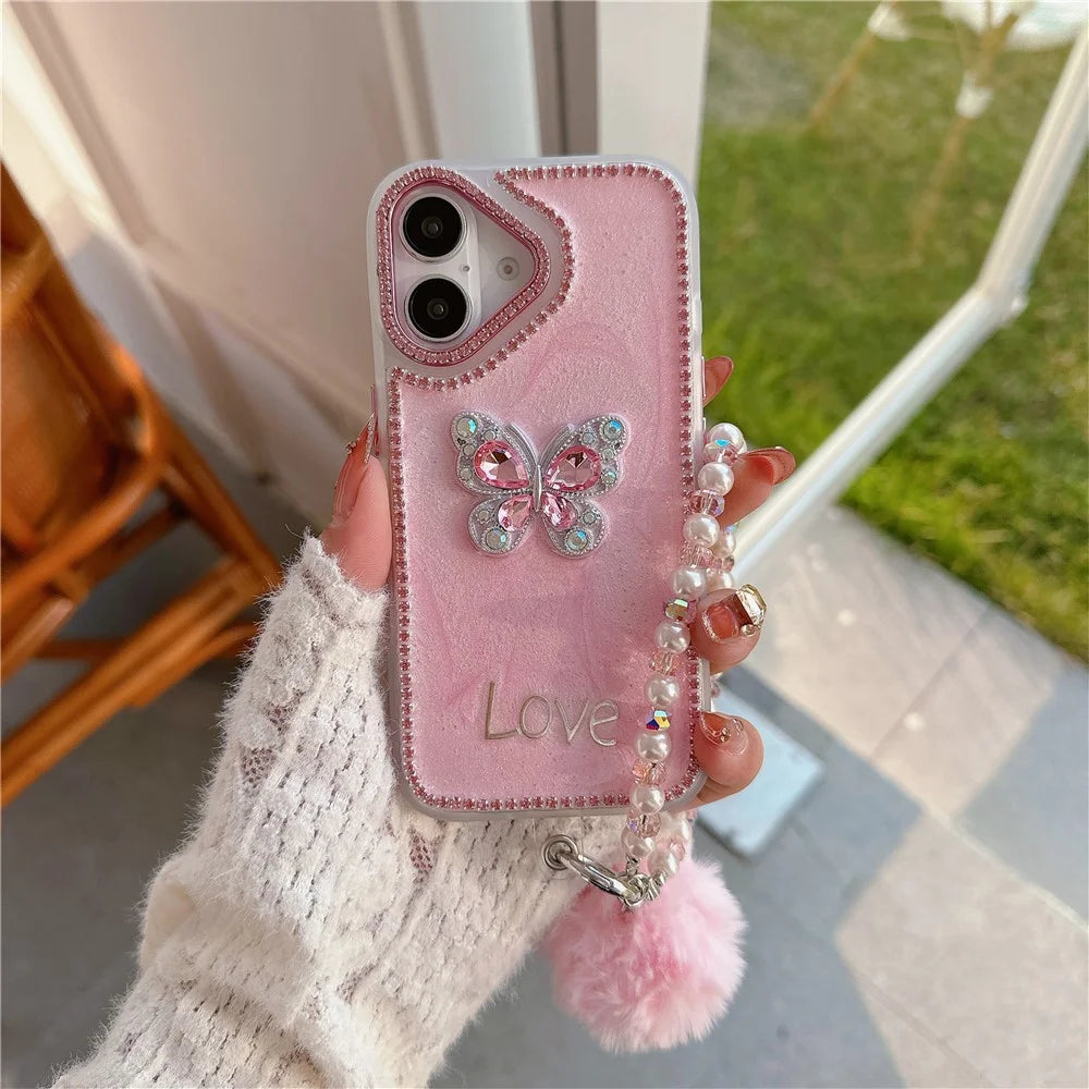 For iPhone 16 Case with Plush Ball Strap Rhinestone Decor Butterfly Design TPU + PC Phone Back Cover - Pink - 1