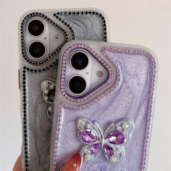 For iPhone 16 Case with Plush Ball Strap Rhinestone Decor Butterfly Design TPU + PC Phone Back Cover - Pink - 2