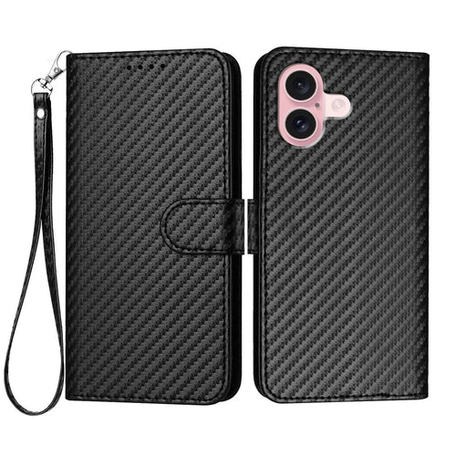 For iPhone 16 Wallet Case with Strap Carbon Fiber Texture Leather Mobile Cover - Black - 1