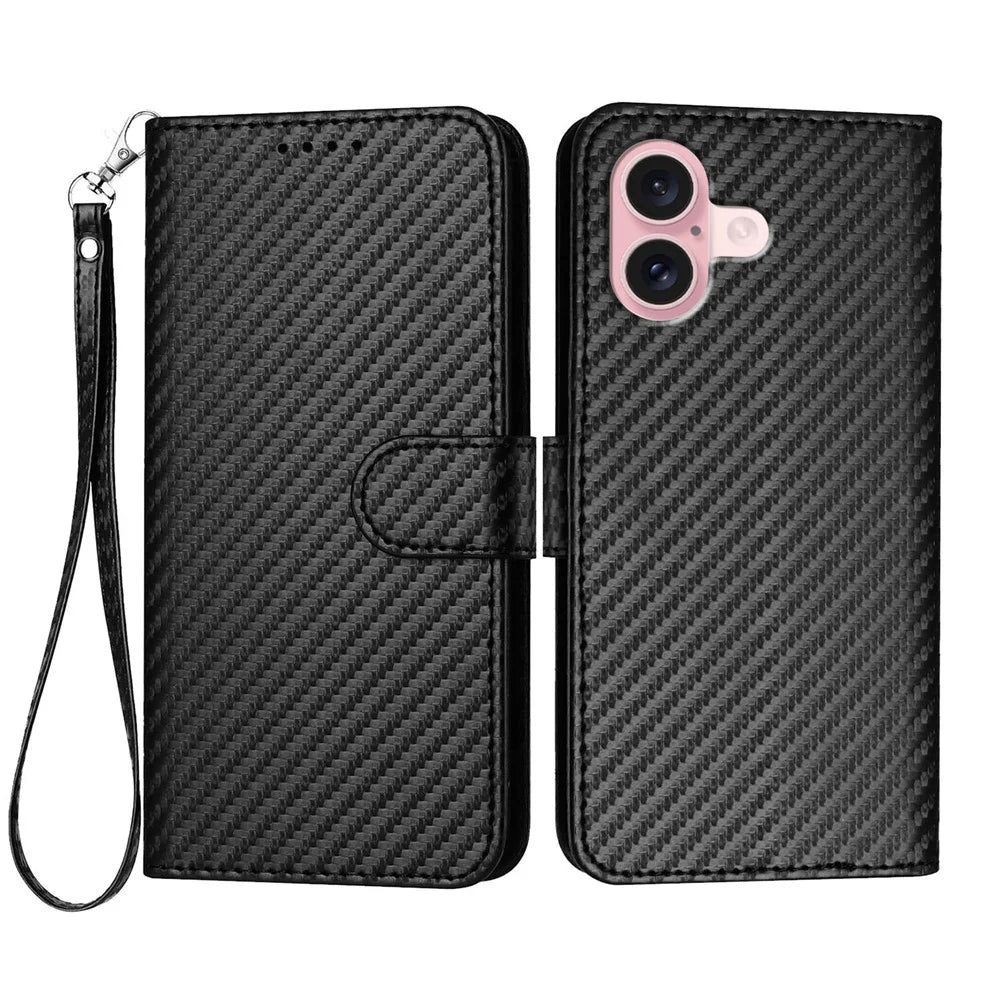For iPhone 16 Wallet Case with Strap Carbon Fiber Texture Leather Mobile Cover - Black - 1