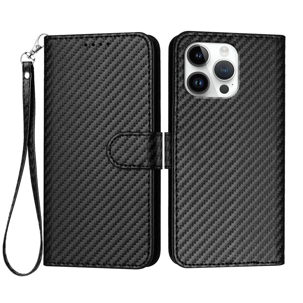 For iPhone 16 Pro Max Wallet Case with Strap Carbon Fiber Texture Leather Mobile Cover - Black - 1