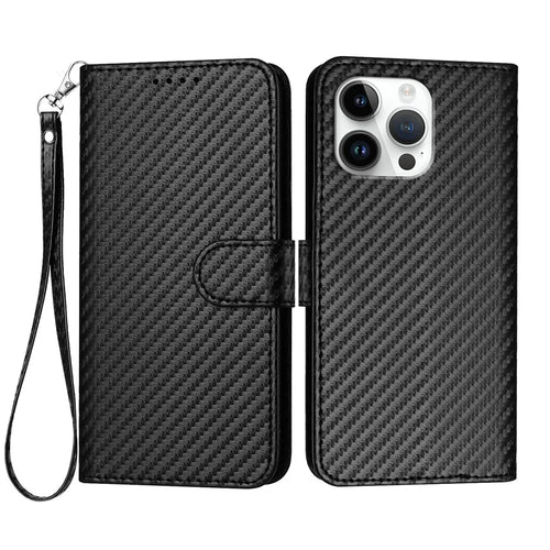 For iPhone 16 Pro Max Wallet Case with Strap Carbon Fiber Texture Leather Mobile Cover - Black - 1