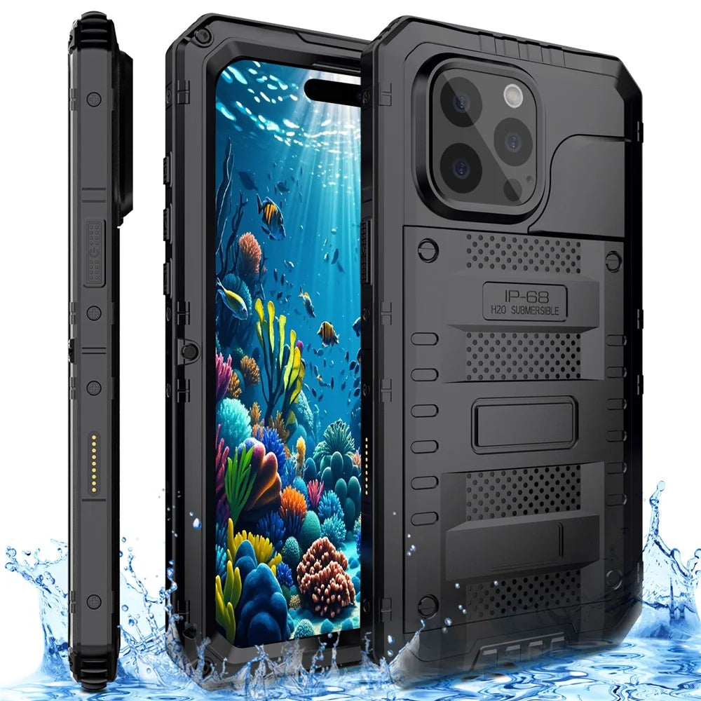 IP68 Waterproof Phone Case for iPhone 16 Pro Max Metal + Silicone Cover with Screen Protector - Black - 1