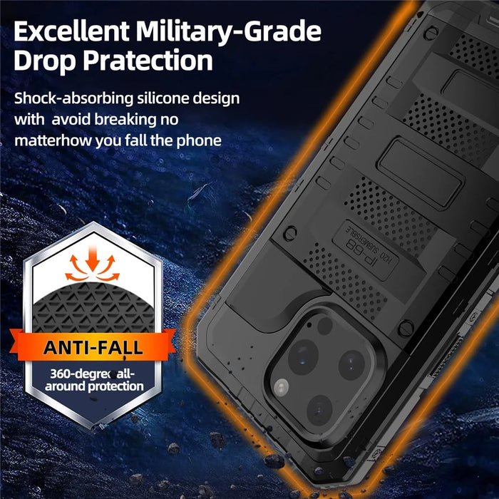 IP68 Waterproof Phone Case for iPhone 16 Pro Max Metal + Silicone Cover with Screen Protector - Black - 6
