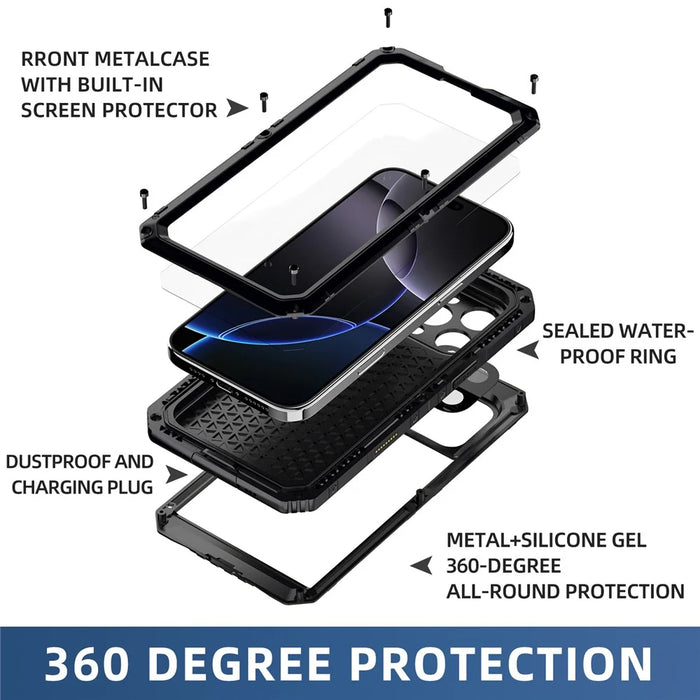 IP68 Waterproof Phone Case for iPhone 16 Pro Max Metal + Silicone Cover with Screen Protector - Black - 7