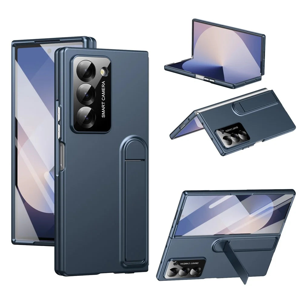 For Samsung Galaxy Z Fold6 5G Case Foldable Kickstand Skin-Touch PC Phone Cover Built In Screen Protector - Dark Blue - 1