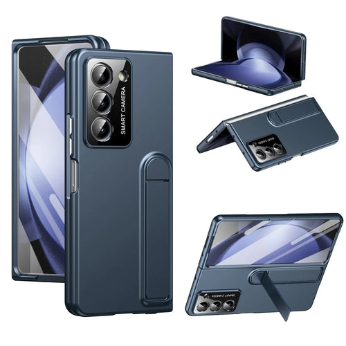 For Samsung Galaxy Z Fold5 5G Case Foldable Kickstand Skin-Touch PC Phone Cover Built In Screen Protector - Dark Blue - 1