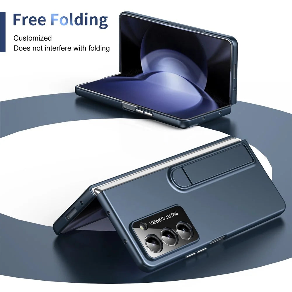 For Samsung Galaxy Z Fold5 5G Case Foldable Kickstand Skin-Touch PC Phone Cover Built In Screen Protector - Dark Blue - 3