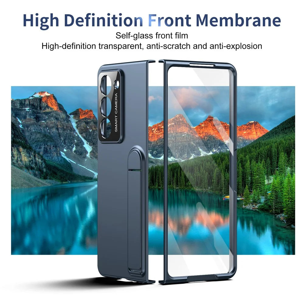 For Samsung Galaxy Z Fold5 5G Case Foldable Kickstand Skin-Touch PC Phone Cover Built In Screen Protector - Dark Blue - 5