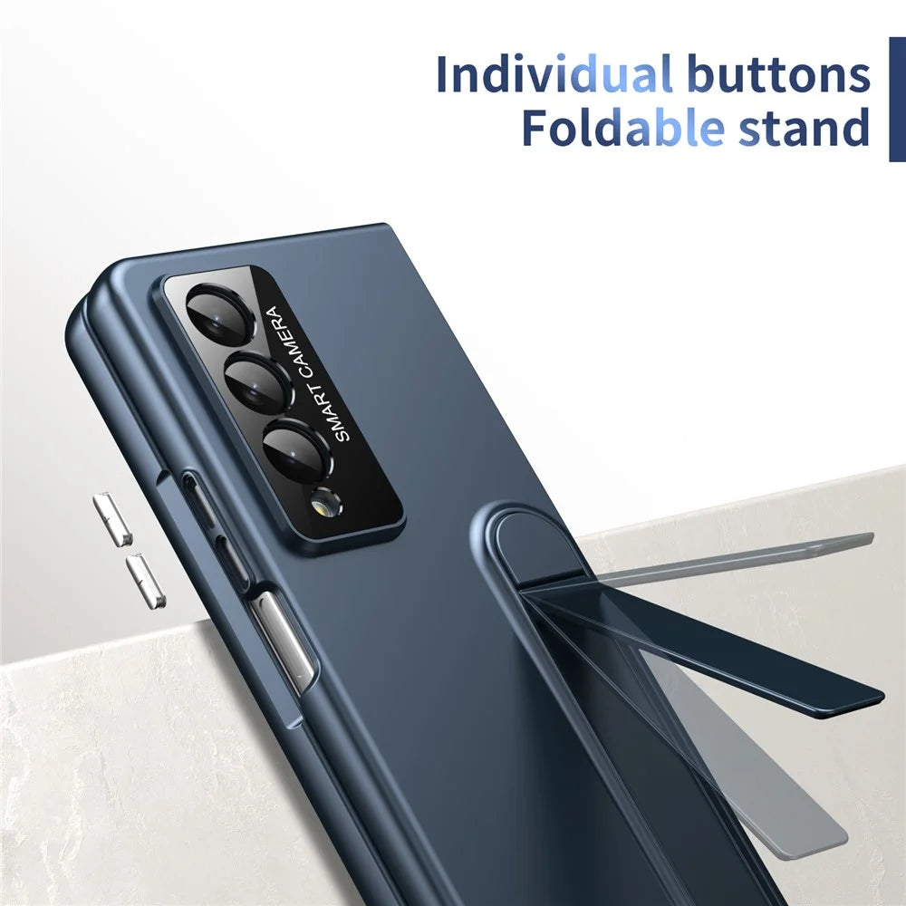 For Samsung Galaxy Z Fold3 5G Case Foldable Kickstand Skin-Touch PC Phone Cover Built In Screen Protector - Dark Blue - 6