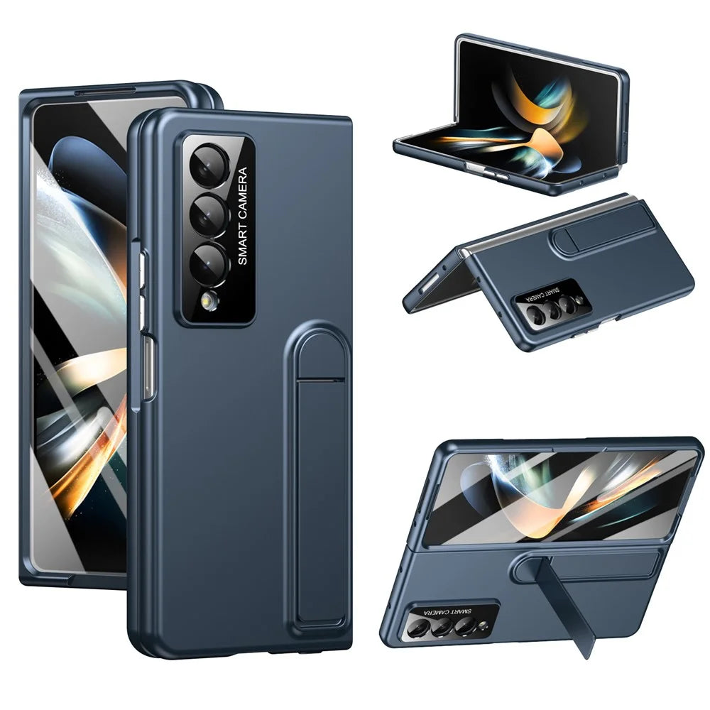 For Samsung Galaxy Z Fold4 5G Case Foldable Kickstand Skin-Touch PC Phone Cover Built In Screen Protector - Dark Blue - 1