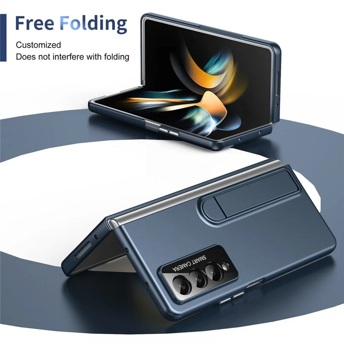 For Samsung Galaxy Z Fold4 5G Case Foldable Kickstand Skin-Touch PC Phone Cover Built In Screen Protector - Dark Blue - 3