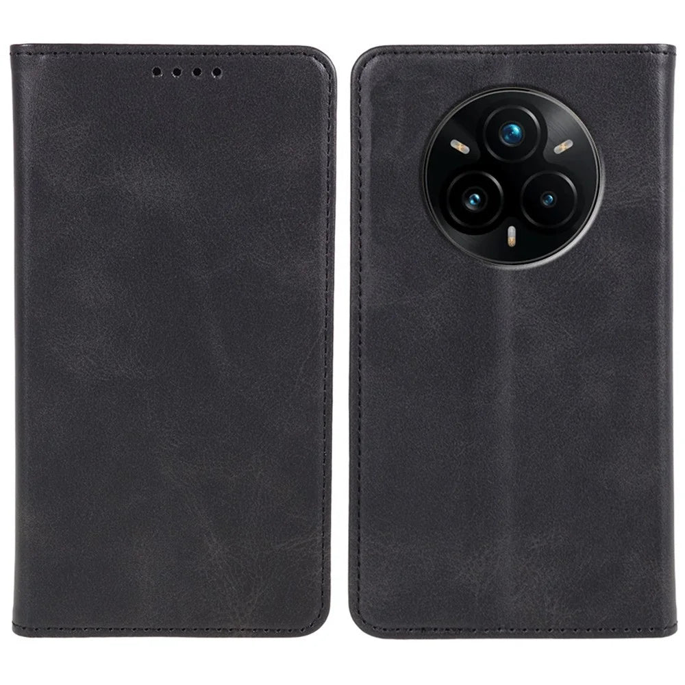 For Realme 14 Pro+ 5G Case Strong Magnetic PU Leather Phone Cover Calf Texture - Black - 1