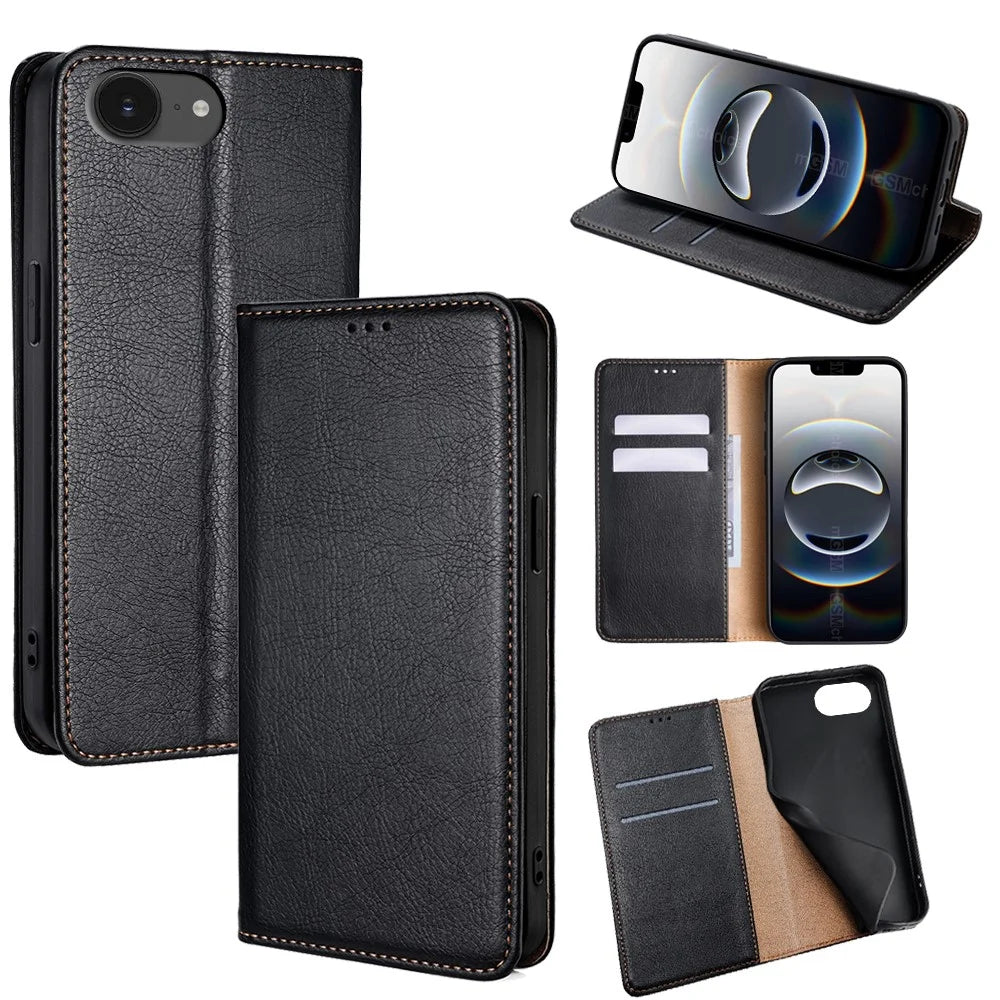For iPhone 17e / 16e Case Wallet PU Leather Magnetic Auto-Absorbed Phone Cover - Black - 1