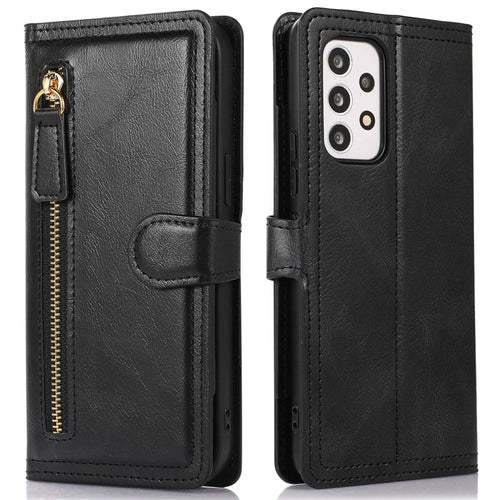 Full Protection Phone Case For Samsung Galaxy A33 5G, Zipper Pocket Wallet Phone Flip Leather Cover Card Holder with Magnetic Buckle - Black - 1
