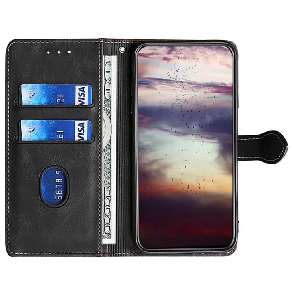 For iPhone 17e / 16e Case Leather Wallet Phone Cover with Straw Hat Magnetic Clasp - Black - 2